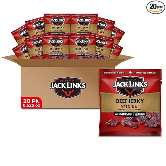 Jack Link's Beef Jerky, Original, Multipack Bags - Flavorful Meat Snacks for Lunches, Ready to Eat Protein Snacks, Individual Packs - 7g of Protein, Made with 100% Beef - 0.625 oz (Pack of 20)