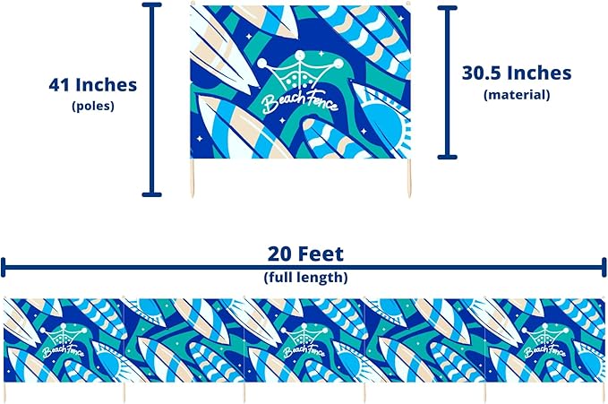 Premium 20 ft Beach Windscreen, Privacy Screen, Wind Blocker Free Rubber Mallet and Carry Bag Included (Surfs Up)