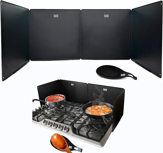 Foldable, Large 4-Sided Grease Splatter Guard, Stainless Steel Oil Splash Shield for Stove Top, Frying & Cooking, Nonstick Stove Splash Guard with Silicone Spoon Rest - Large with 4 panels