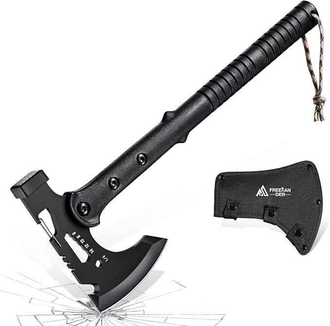 Freelander Camping Axe with Sheath, Sharp Tactical Hatchet Axe with Clip and Bottle Opener, Multi-Functional Hammer Tactical Tomahawk, Survival Tomahawk Axe for Camping (Black, 15 Inch)