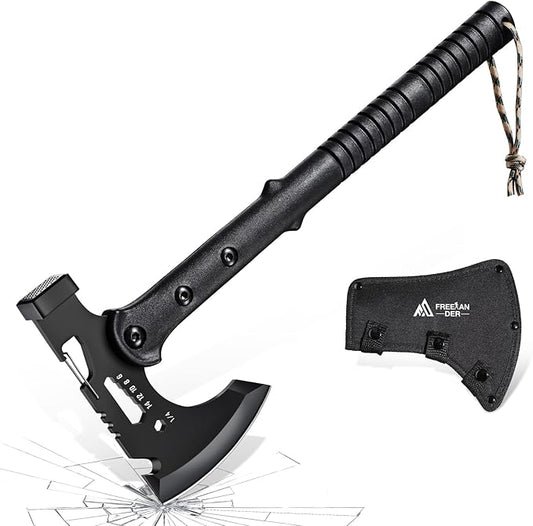 Freelander Camping Axe with Sheath, Sharp Tactical Hatchet Axe with Clip and Bottle Opener, Multi-Functional Hammer Tactical Tomahawk, Survival Tomahawk Axe for Camping (Black, 15 Inch)