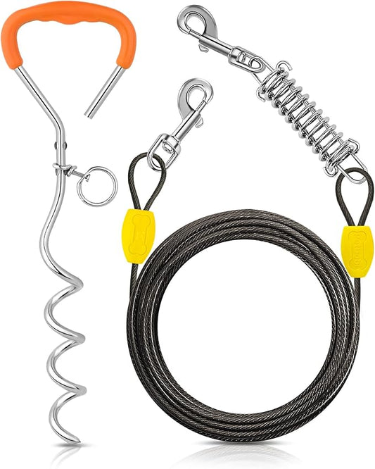 Petbobi Dog Tie-Out Cable and Stake - 10ft Heavy Duty Cable with Spring, No Tangle, 16in Ground Stake, Ideal for Yard, Camping and Beach, Suitable for Small Medium Large Dogs Up to 120 lbs, Black