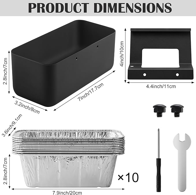 Grill Grease Catcher for Blackstone Griddle with 10 Pack Grease Cup Liners Aluminum Foil Tray Pan Drip Tray Pan for 17, 22, 28 & 36 inches Griddle (Long Hook)