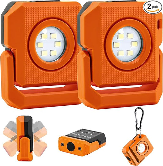 2 Pcs Mini Rechargeable LED Work Light, 550 Lumens Magnetic Flashlight Keychain Lights with Rotatable & Magnet Base Portable Mechanic Light for Car Repairing Outdoors Camping, Orange