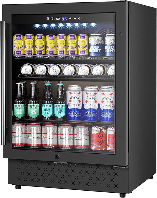 Beverage Refrigerator 24 Inch 200 Can Drink Fridge with Glass Door, Under Counter/Freestanding Beverage Cooler with Temperature Control, Reversible Door, Quick Cooling for Beer Soda Wine, Black