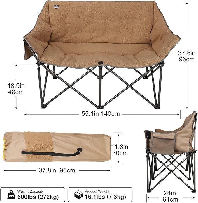 Fuzzy Oversized Folding Double Camping Chairs,Heavy Duty Supports 600 Lbs,Comfy Portable Loveseat for Adults w/Mesh Pocket,Plush Fleece-Lined Lawn Couch for Outdoor/Indoor,Light Moca