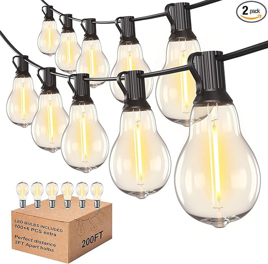 200FT Outdoor Lights with 106 Shatterproof Bulbs(6 Spare), IP45 Waterproof Outside String Lights, Patio String Lights Hanging for Party, Yard, Porch, Bistro, 2200K Adjustable Warm White Light