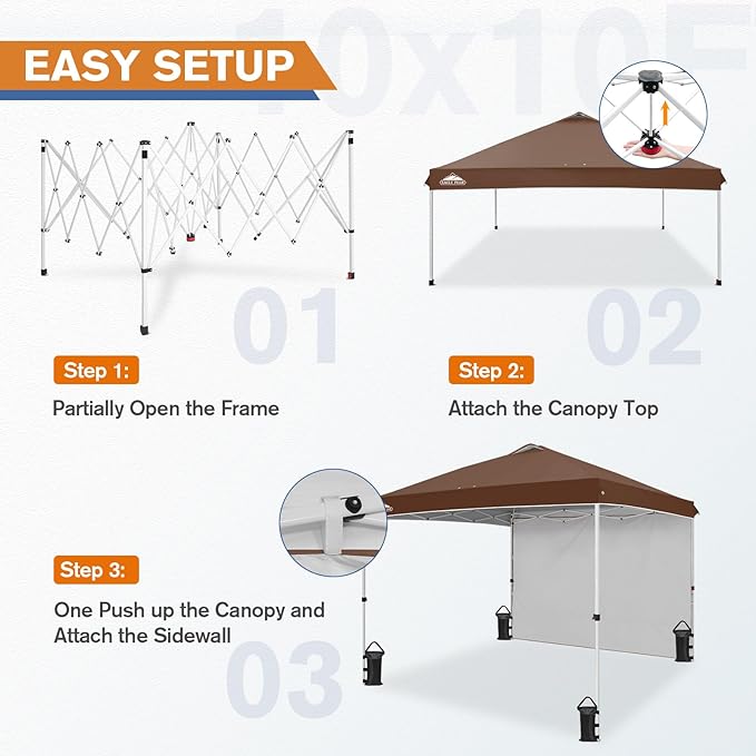 EAGLE PEAK Pop Up Canopy Tent with 1 Sidewall, Easy Setup Event Tent, Outdoor Sun Shade, Wheeled Carry Bag, Stakes and Guy Ropes, Instant Canopy 10x10, Dark Brown