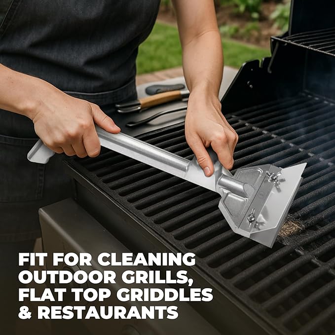 Heavy-Duty Griddle Scraper Kit – Griddle Scrapers for Flat Tops & Grill Scraper with Ergonomic Handles, Splash Guard, 4 Extra Blades for Effortless Burnt-On Grease Removal