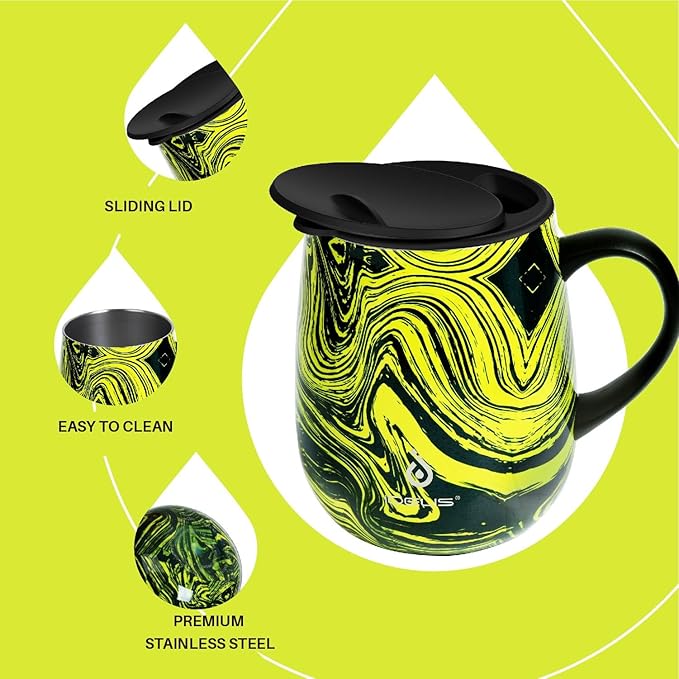 Ideus 16 oz (470 ml) Insulated Coffee Mug with Handle and Lid, Double Wall Stainless Steel Vacuum Thermal Coffee Mug, Travel Coffee Cup Thermal Cup for Home and Office (Yellow Zebra)
