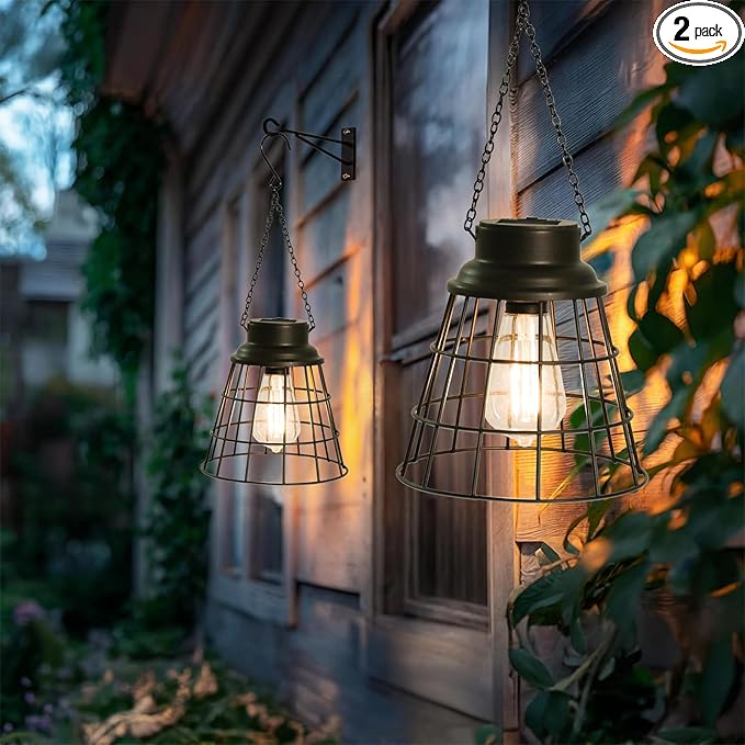 2 Pack Solar Lanterns Outdoor Waterproof , Metal Cage Design with Replaceable LED Bulb, Waterproof Vintage Decorative Light for Patio, Garden, and Yard (5.9" x 6.1", Black)