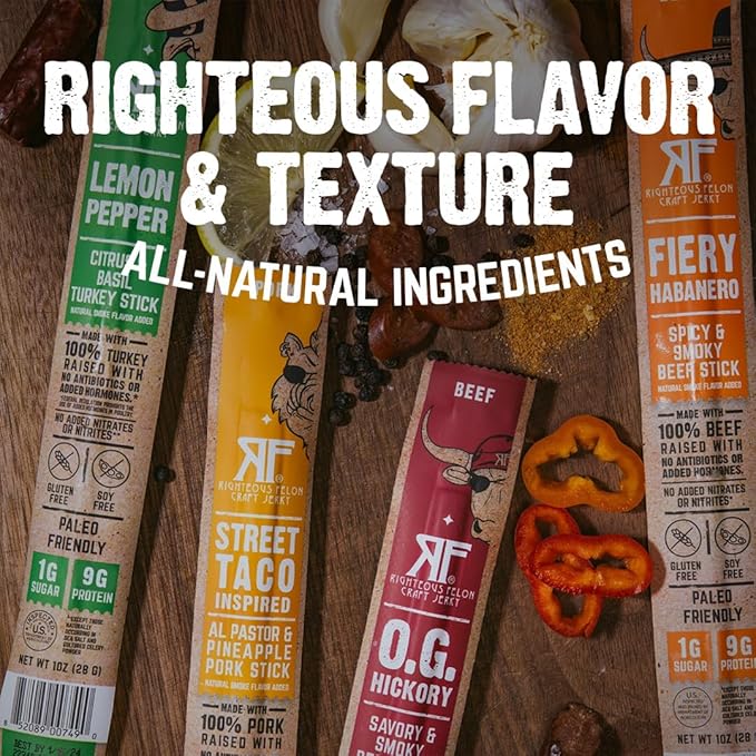 Righteous Felon Beef Sticks Variety Pack | Healthy Snack for Adults | Gluten Free & Keto | Low Sugar & High Protein | Turkey, Pork, Beef Sticks | Jerky Gifts for Men | 36 Pack