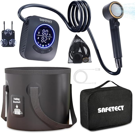 Portable Camp Shower Pump, IPX8 Waterproof, 8000mAh Rechargeable Shower Pump, 5 Speed Mode & 4 Water Mode Camping Shower with 20 L Foldable Bucket, Shower for Hiking,Travel, Pet Bath, Car Wash