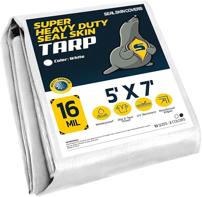 Seal Skin Covers Heavy Duty Waterproof Tarp 5x7 FT, 16 Mil 8 OZ 160 GSM Thick White Poly Tarp with Rustproof Grommets, Tear-Proof Cover with Reinforced Edges for Camping, Pool, Canopy Use