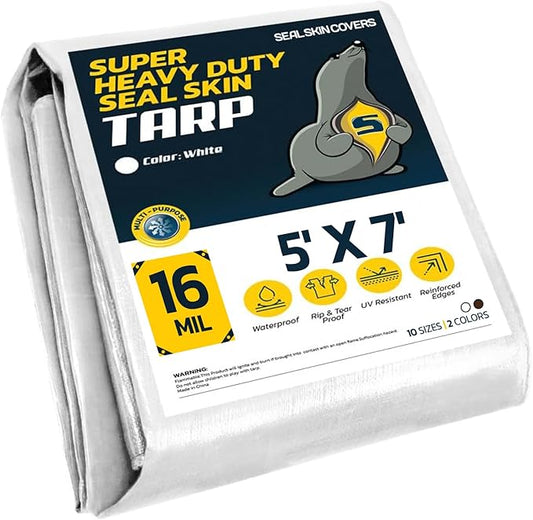Seal Skin Covers Heavy Duty Waterproof Tarp 5x7 FT, 16 Mil 8 OZ 160 GSM Thick White Poly Tarp with Rustproof Grommets, Tear-Proof Cover with Reinforced Edges for Camping, Pool, Canopy Use