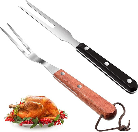2 Pieces Meat Fork Stainless Steel Carving Fork with Wood Handle Cooking BBQ Grill Steak Tool for Kitchen Barbecue Serving Cooking Grilling Roasting 10.5 Inches, Round Handle
