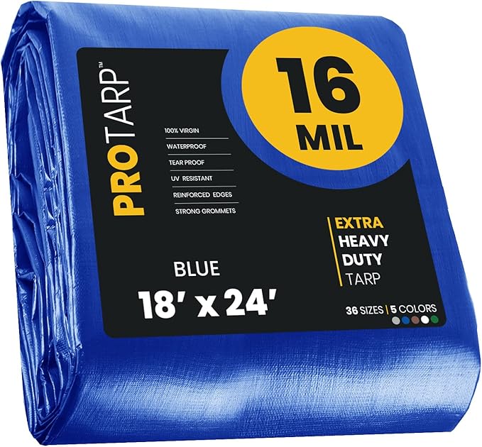 PROTARP Extra Heavy Duty 16 Mil Tarp Cover, Waterproof, UV Resistant, Rip and Tear Proof, Poly Tarpaulin with Reinforced Edges for Roof, Camping, Patio, Pool, Boat. (Blue 18′ X 24′)
