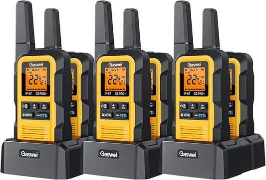 G2pro+ IP67 Waterproof Floating Walkie Talkies Long Range for Adults, Heavy Duty Walkie Talkie with Double PTT,FM Radio,SOS,NOAA Weather,VOX, Two Way Radio Rechargeable Battery(Yellow 6Pack)