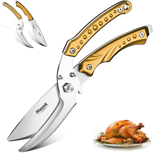 Huusk Kitchen Shears Heavy Duty-Detachable Meat Scissors for Chicken,Turkey, and Bone, Poultry Shears Ultra Sharp with Serrated Edge, All Purpose Cooking Scissors Golden
