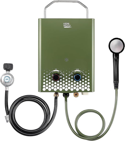 KEMIMOTO Tankless Portable Propane Water Heater Outdoor，1.32Gpm 34000 BTU Camping Portable Water Heater，Easy Installation, 5L Lightweight Heater，Suitable for Rv/Camping/Cabin