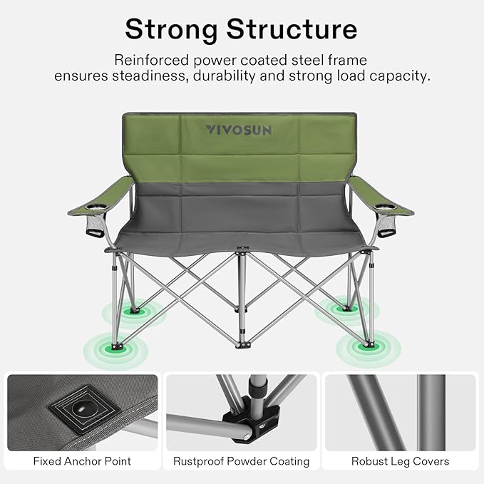 [outlets]VIVOSUN Double Camping Chair, Fully Padded Folding Loveseat, Portable Oversized Duo Chair with Storage Cup Holders, Height-adjustable Armrests & Carry Bag, Supports up to 500lbs, Green & Grey