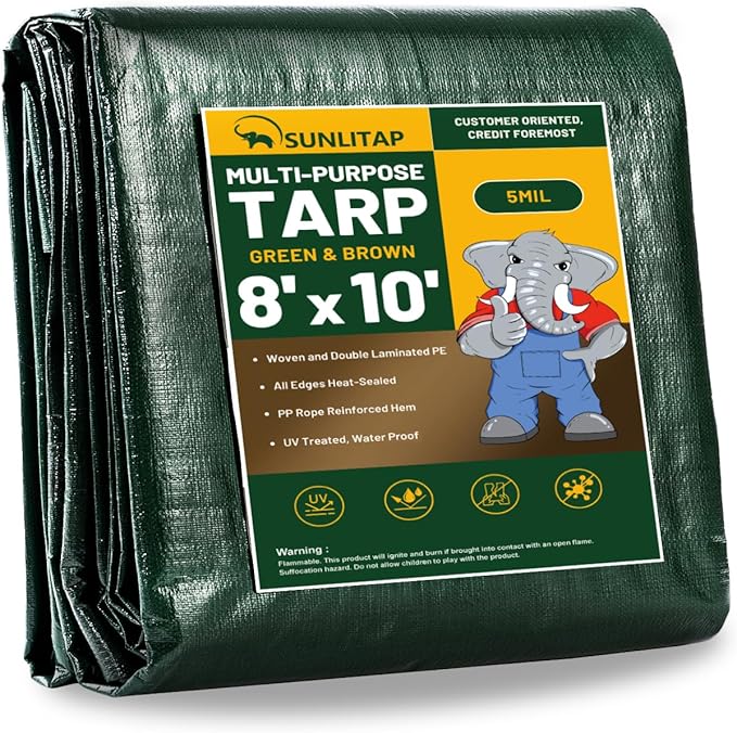 8x10Ft Tarp Cover 5 MIL Waterproof Poly Tarps, Light Duty Tarpaulin with Grommets, Reinforced Edges, Rip & Tear Proof, Multipurpose Finished Size Tarp for Cars, Boat, Roof, Camping - Green