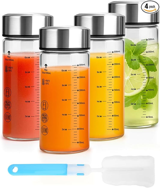 12oz Glass Water Bottles with Lids, 4 Pack Reusable Wide Mouth Juice Bottles with Stainless Steel Caps, Leakproof Borosilicate Glass for Juicing, Smoothies & Storage, BPA-Free,Dishwasher Safe
