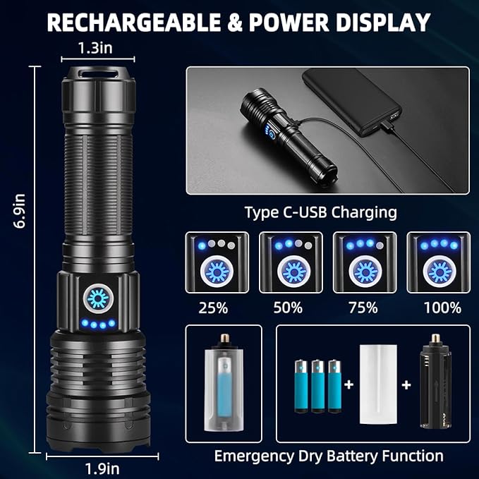 Flashlights High Lumens Rechargeable, Super Bright Flashlight, Adjustable Tactical Flashlight, 5Mode Flash Light High Powered, Waterproof LED Flashlight for Camping, Hiking, Home, Emergencies