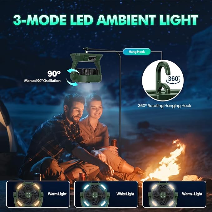 Misting Fan Portable 42800mAh Rechargeable Camping Fan with Remote Control, 3 LED Light & Stepless Speed Control & Cooling Spray with 6L Bucket, Timer Function, Portable Handle, Rotating Hanging Hook