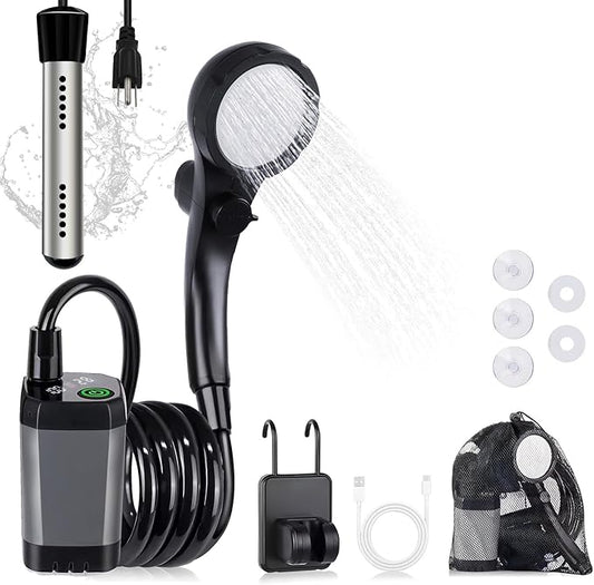 Portable Camping Shower with Heater, 6000mAh Rechargeable Portable Shower with 2000W Immersion Heater, LED Display, Heated Camping Shower for Travel, Hiking, Car, Pet