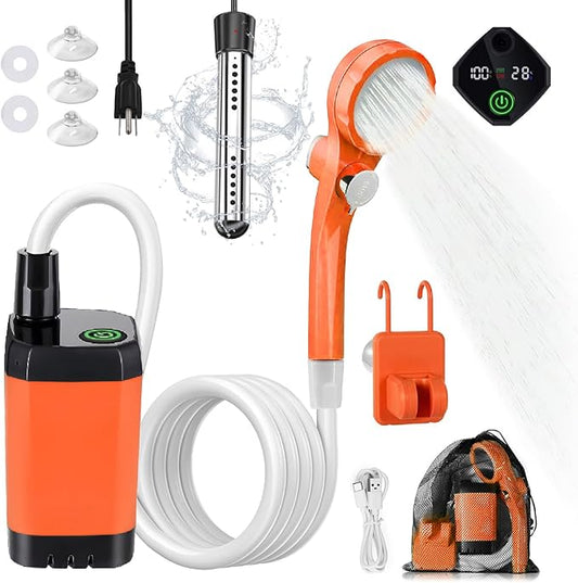 Portable Camping Shower with Heater, 6000mAh Rechargeable Camping Shower with 2000W Auto-Off Immersion Heater, LED Display, Heated Outdoor Shower for Travel, Hiking, Car