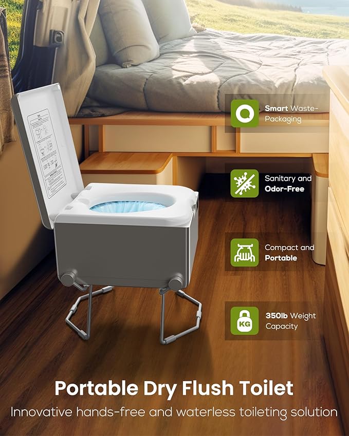Dry Flush Toilet – Waterless, Odorless, Self-Contained | Rechargeable Portable Toilet for RVs, Van, Boat, Tiny House, Off-Grid | Easier to Use Than Composting or Incinerator Toilets