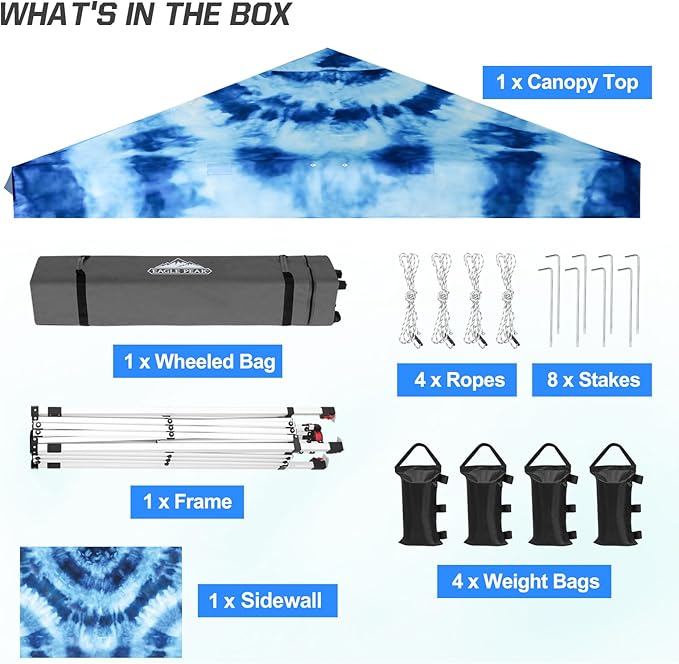 EAGLE PEAK Pop Up Canopy Tent with 1 Sidewall, Easy Setup Event Tent, Outdoor Sun Shade, Wheeled Carry Bag, Stakes and Guy Ropes, Instant Canopy 10x10, Tie Dye Blue