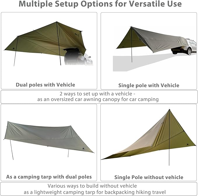 GEERTOP Large Car Awning Tarp for Camping Backpacking Tarp SUV Tailgate Truck Canopy Sun Shade Waterproof Outdoor Rear Vehicle Awning Shelter for Van, MPV, Campers