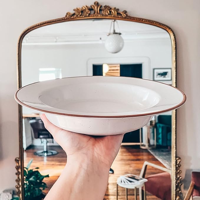 MORA Ceramic Wide Rimmed Soup Bowl 25oz, Set of 4 - For Pasta, Italian, Spaghetti, Dipping Bread, Fancy Dinner etc. Large Plate/Bowls Hybrid For Everyday & Restaurant Use, Large Flat Rim - Vanilla