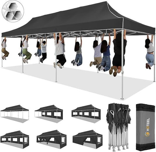 HOTEEL 10x30 Pop up Canopy Tent for Parties, Heavy Duty Easy Setup Tent with 8 Sidewalls, Outdoor Commercial Instant Gazebo for Wedding Event, with Portable Bag & Sand Bags, Black(Hexagonal Frame)
