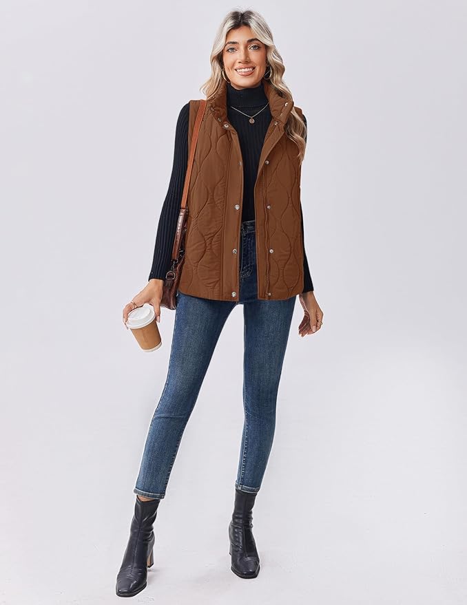 Zeagoo Puffer Vest Women Sleeveless Quilted Jacket Lightweight Snap Zip Up Stand-up Collar Down with Pockets Outerwear