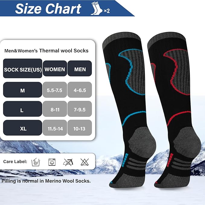 Merino Wool Ski Socks 2 Pairs, Thermal Knee High Warm Socks for Snowboarding, Hiking, Cold Weather, Snow, Hunting
