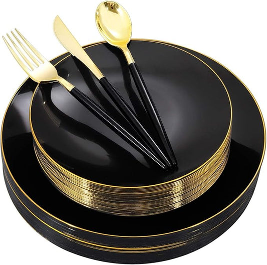 Nervure 150PCS Black Plastic Plates - Black and Gold Disposable Plates - Premium Heavyweight Gold Plastic Dinnerware with Black Silverware Ideal for Wedding & Halloween & New Year
