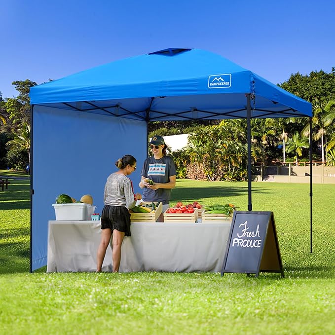 KAMPKEEPER 10x10 Pop Up Canopy Tent with 2 Sidewalls, Beach Tent - Easy Outdoor Sun Shade for Events, Parties, Camping - Gazebo with 4 Weight Bags & Carry Bag.（Blue）