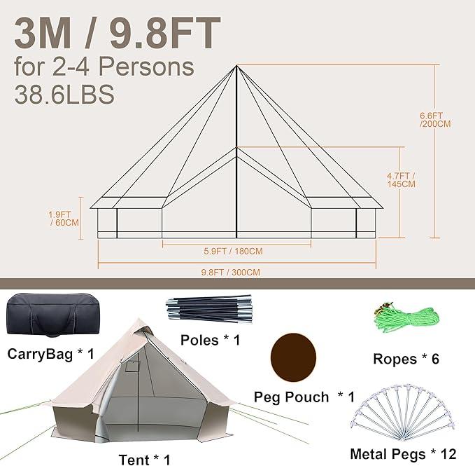9.8 * 9.8 * 6.6 FT Yurt Tent 2-4 Person Glamping Bell Tent, 4 Seasons for Camping Tents withBreathable Waterproof Design and Stove Jack, for Family Camping Outdoor Hunting Party