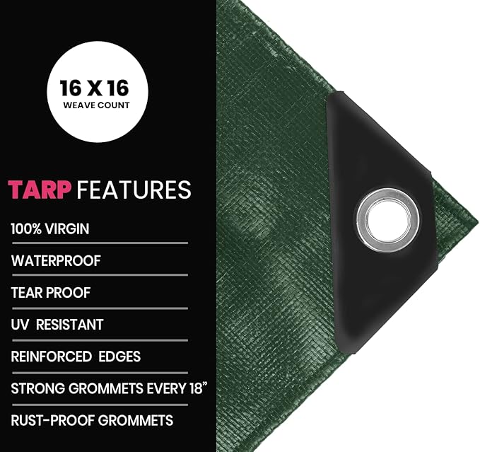 PROTARP Extreme Heavy Duty 22 Mil Tarp Cover, Waterproof, UV Resistant, Rip and Tear Proof, Poly Tarpaulin with Reinforced Edges for Roof, Camping, Patio, Pool, Boat. (Green/Black 30′ X 50′)