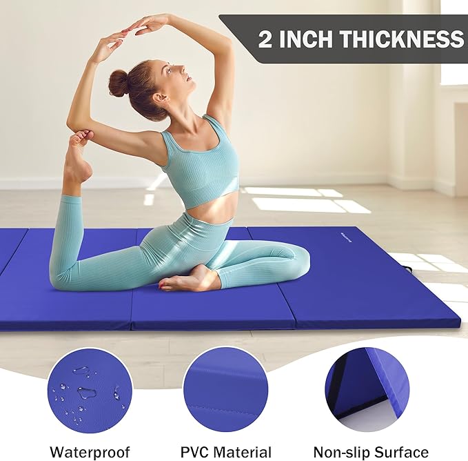 Folding Exercise Gymnastics Mat, 4'x8'x2" Gym Workout Mat with Carrying Handles 4-Fold High-Density Anti-Tear Portable Fitness Aerobics Mat for Home Gym Yoga Pilates Tumbling MMA Core Training