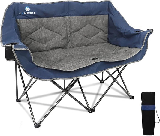 Folding Loveseat Camping Chair,Portable Double Chair w/Cup Holder,Wine Glass Holder,Carry Bag Heavy Duty Lawn Chair for 2 Adults,Perfect for Camp,Hiking,Picnics and Beach Trips,Blue