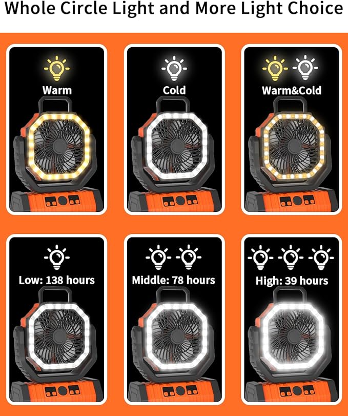 ADUST Camping Fan - 20000mAh Battery Powered Fan Battery Operated Rechargeable Portable Outdoor Tent Fans with Hanging Hook, Cordless, 4 Speeds, Remote Control - Orange