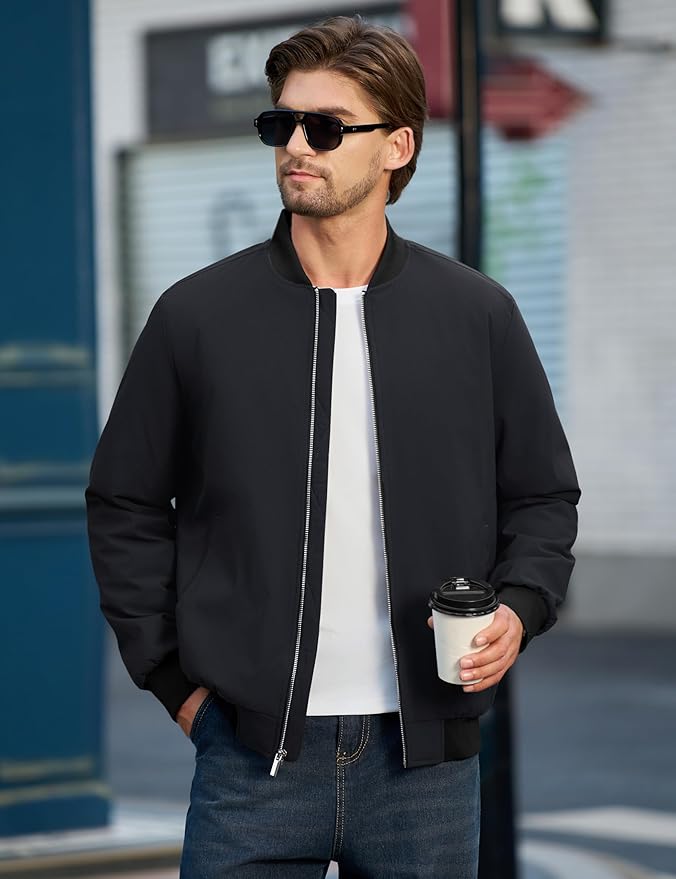 Cotrasen Men's Bomber Jacket Full Zip Windbreaker Warm Winter Windproof Casual Outwear Padded Lined Coats