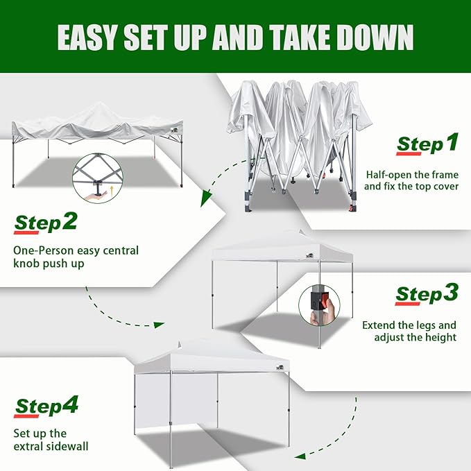 Eurmax USA NOMATTER ONE-Person Open&Close 10x10ft Pop Up Canopy Tent,Portable Shelter Canopy for Outdoor Events with 1 Removable Sidewall,Instant Canopies,Temporary Sunshade,Bonus 4 Sand Bags(White)