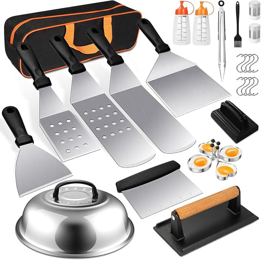 Griddle Accessories Kit, 28 PCS Flat Top Grill Accessories for Blackstone and Camp Chef, Metal Spatula Set with Burger Press, Melting Dome, Tongs, Scraper, Carry Bag for Outdoor Grilling BBQ