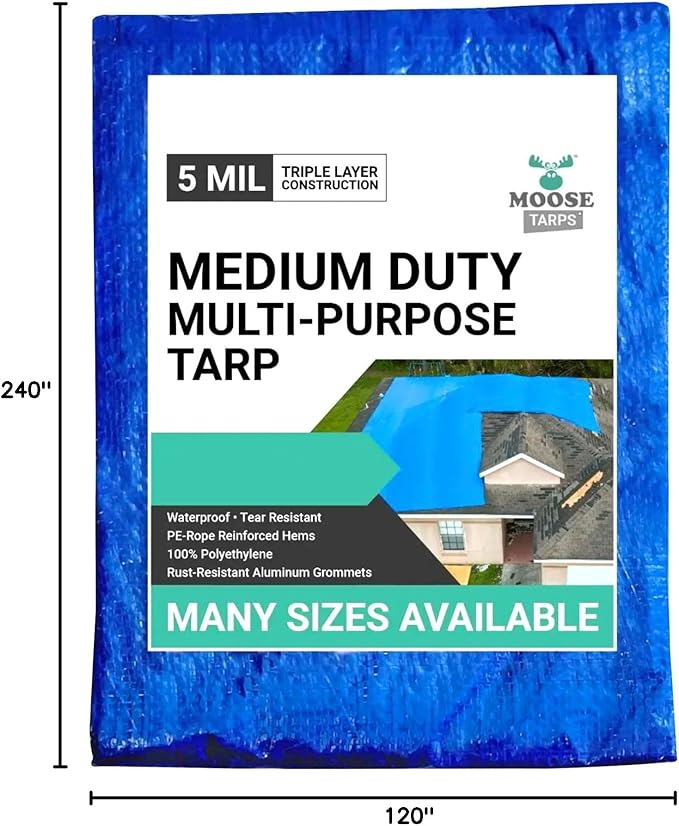 10' x 20' Waterproof Tarp, Medium Duty Reversible Blue/Silver, Multipurpose Indoor and Outdoor Tarps for Tents, Wood Cover, Furniture, Car, Boat, Pool, Tear Resistant, Blue
