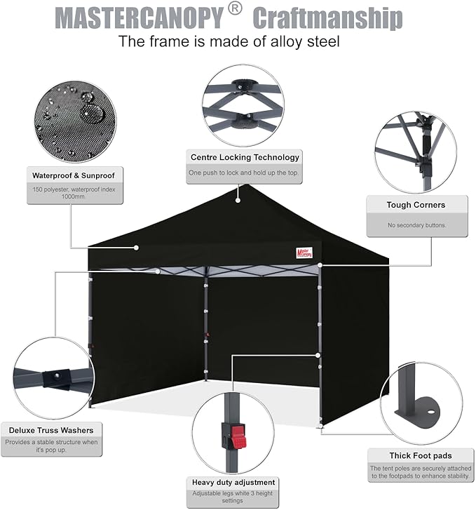 MASTERCANOPY Heavy Duty Pop-up Canopy Tent with Sidewalls (8x8,Black)